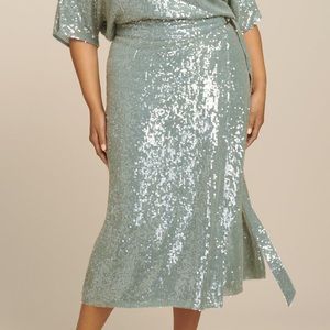 SALLY LAPOINTE Sequined Belted Wrap Skirt Blue 16